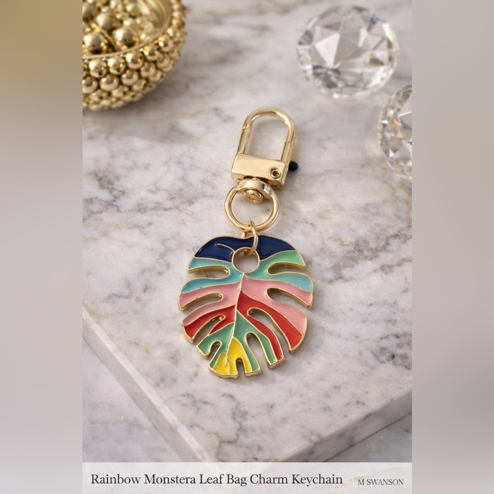 NEW Rainbow Monstera Leaf Bag Charm Keychain – Gold Hardware